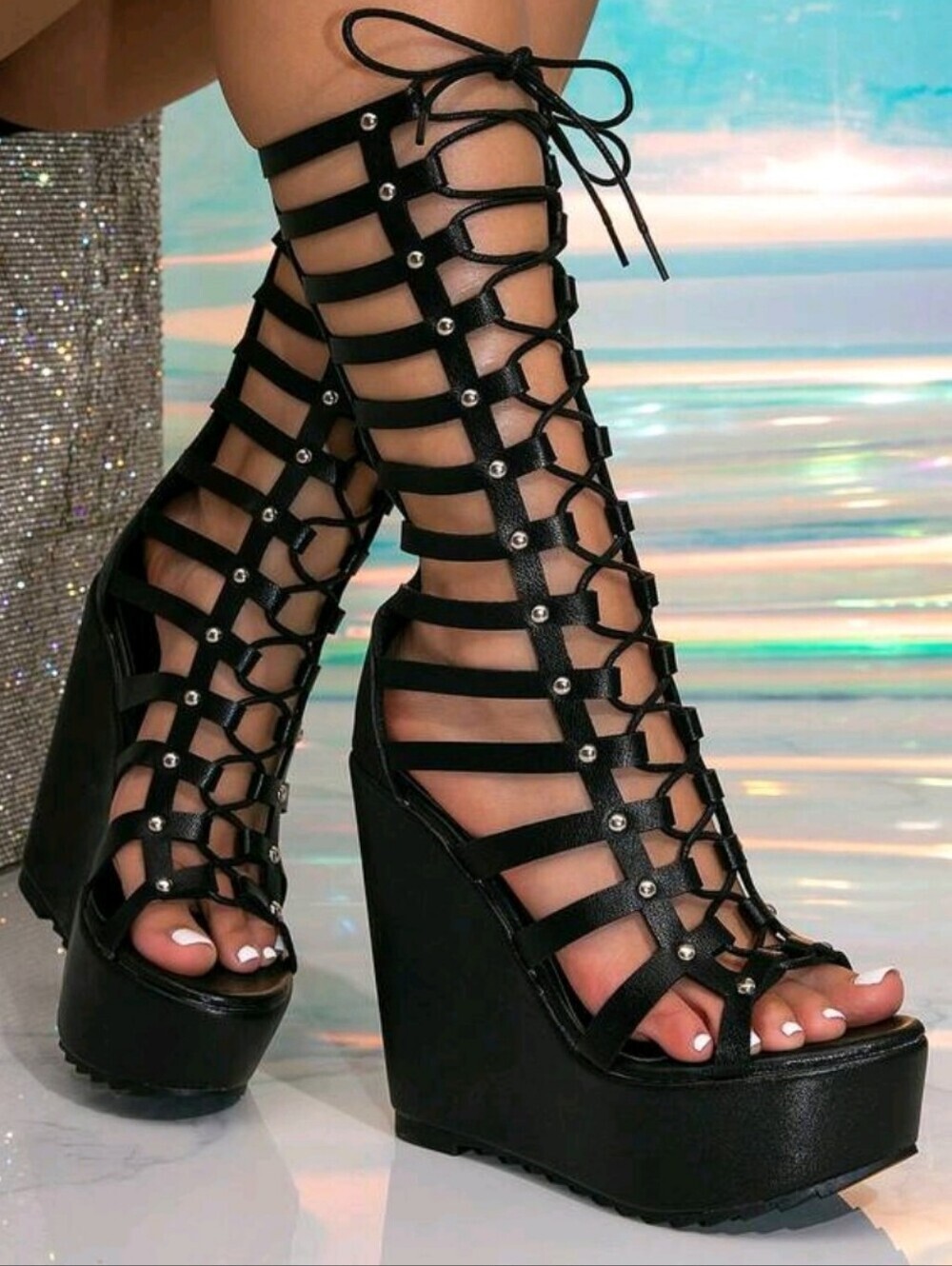 Black Strappy Gladiator Wedge Sandals - Women's Fashion